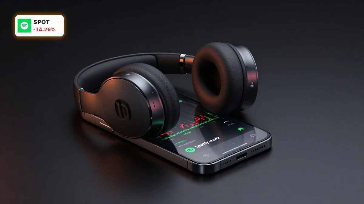 Spotify Quartal mit Rekordzahlen und Kurssturz, Symbolbild mit App und Kopfhörern