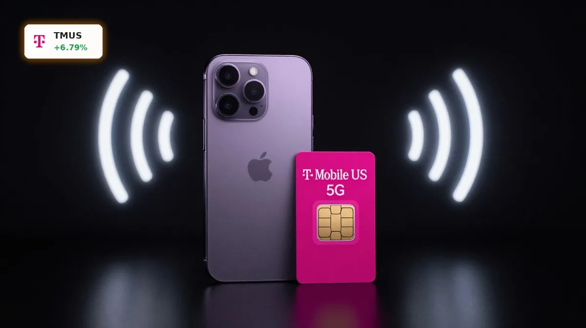 T-Mobile US Quartal im Fokus mit edel inszeniertem 5G-Smartphone und SIM-Karte als Symbol für Wachstum