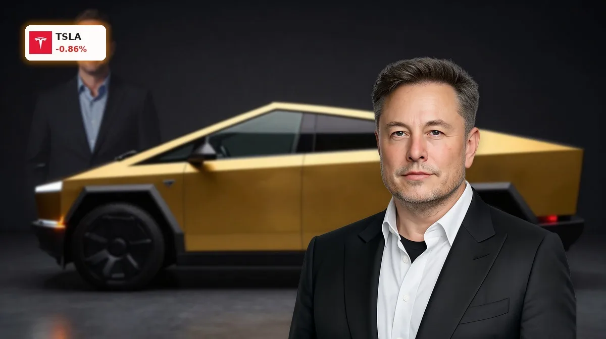 Tesla Cybercab als goldenes zweisitziges Robotaxi ohne Lenkrad, Symbol für Teslas Robotaxi-Strategie