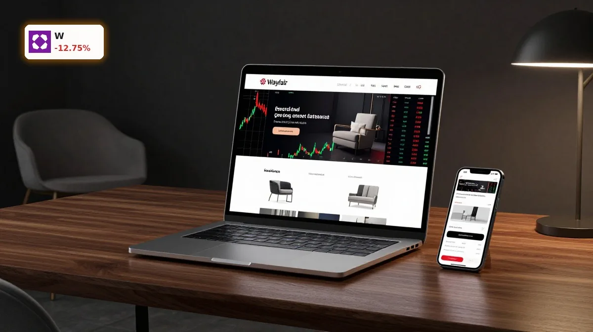 Wayfair Quartal mit schwankender Aktie, Online-Möbelshop auf Laptop vor dunklem Hintergrund