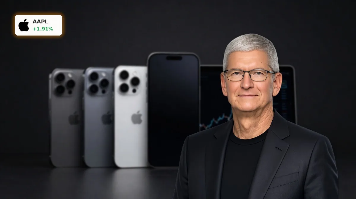 Apple Quartalszahlen mit starkem Umsatzwachstum, inszenierte iPhones und MacBooks als Symbol für Rekordboom