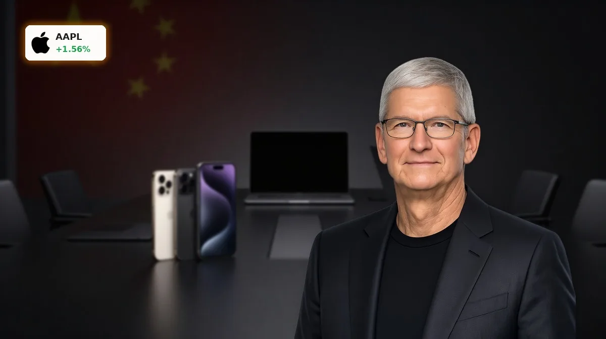 Apple China Delegation mit iPhone und MacBook vor dezentem China-Hintergrund, Fokus auf geopolitische Abhängigkeit und Umsatz