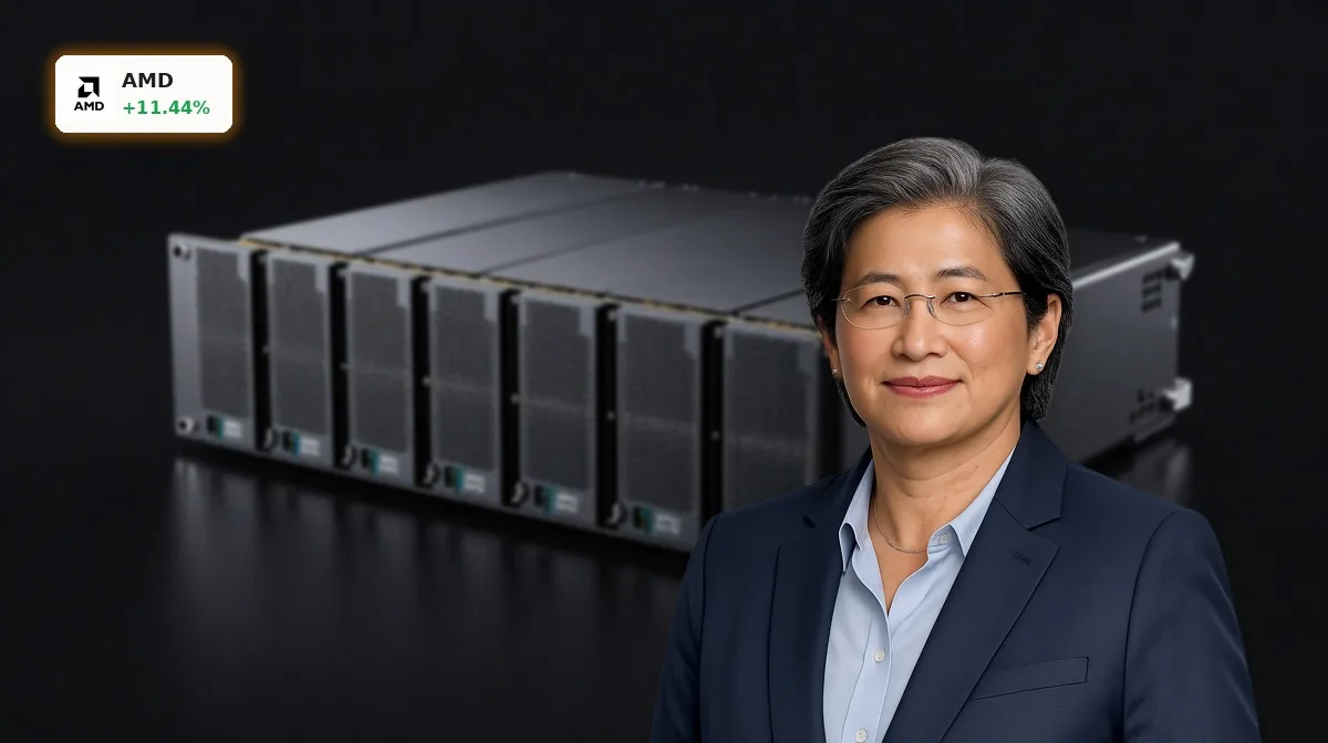 Hochwertige Server-Hardware mit EPYC und Instinct im Rechenzentrum, Symbol für starke AMD Quartalszahlen und KI-Boom