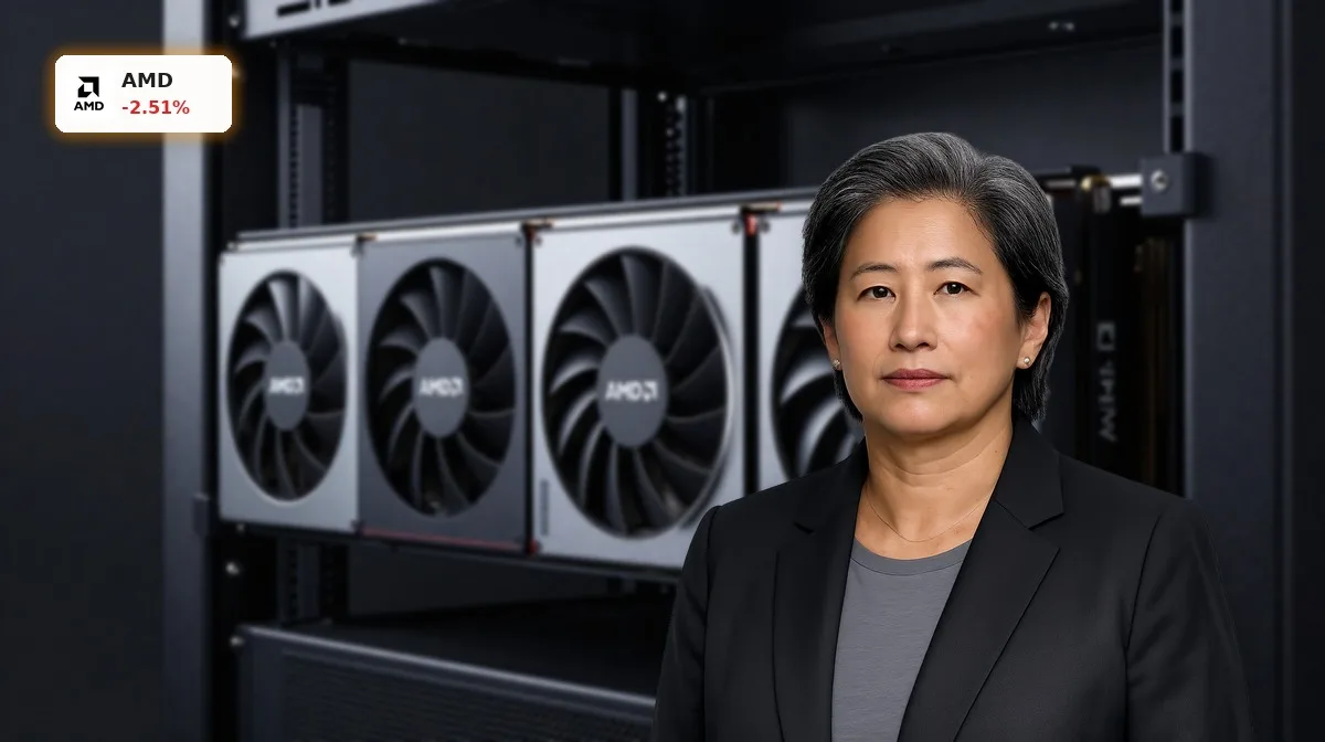 AMD KI-Offensive -2,5%: Chance im KI-Boom und China-Poker? 8 Hochwertige Rechenzentrums-GPUs im Serverrack als Symbol der AMD KI-Offensive