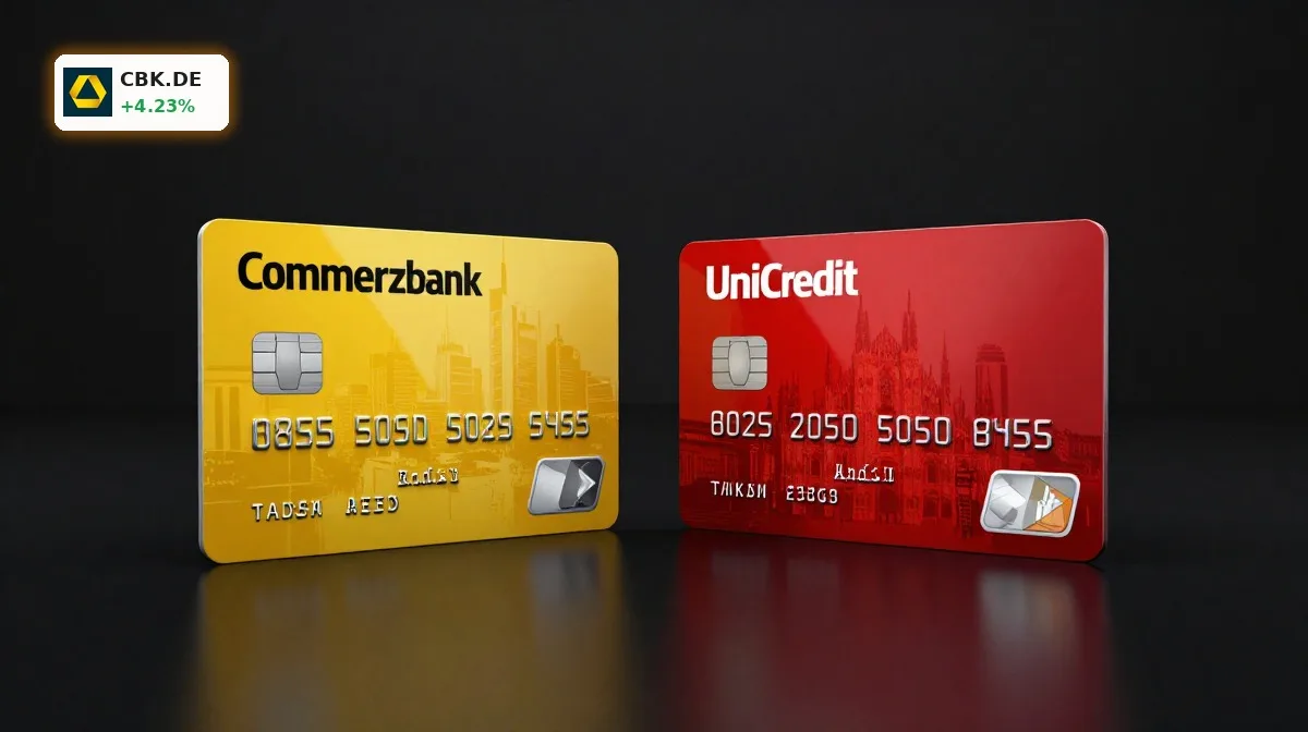 Commerzbank Uebernahme Symbol: gelbe und rote Bankkarte als Duell zwischen UniCredit und Commerzbank