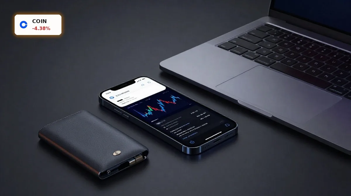Coinbase Quartal mit Kursrutsch, Smartphone mit Coinbase-App und roten Kryptokursen als Symbol für Gewinnschock