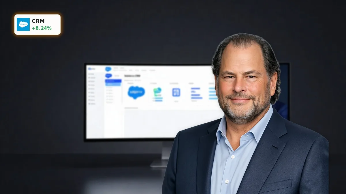 Salesforce Quartal +8,2%: KI-Chance nach Wachstumsschock 5 Salesforce Quartal im Fokus mit edel inszeniertem CRM-Dashboard und KI-Elementen