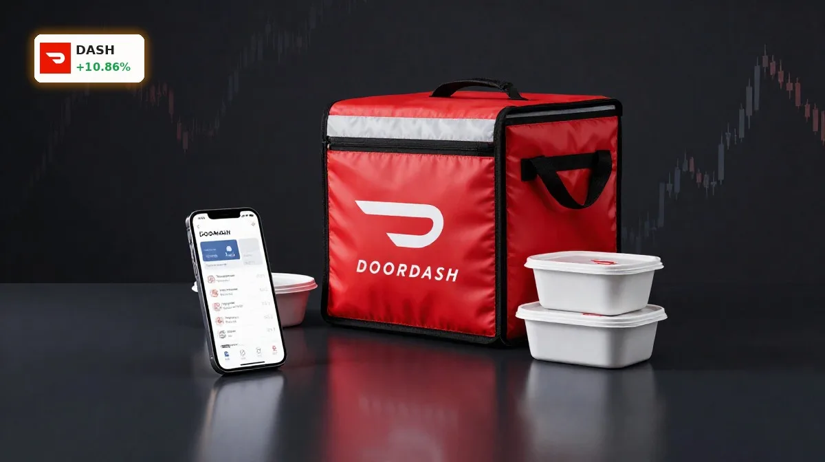 DoorDash Quartal im Fokus mit Smartphone-App, Lieferbox und dezentem Börsenchart als Symbol für Umsatz und KI-Strategie
