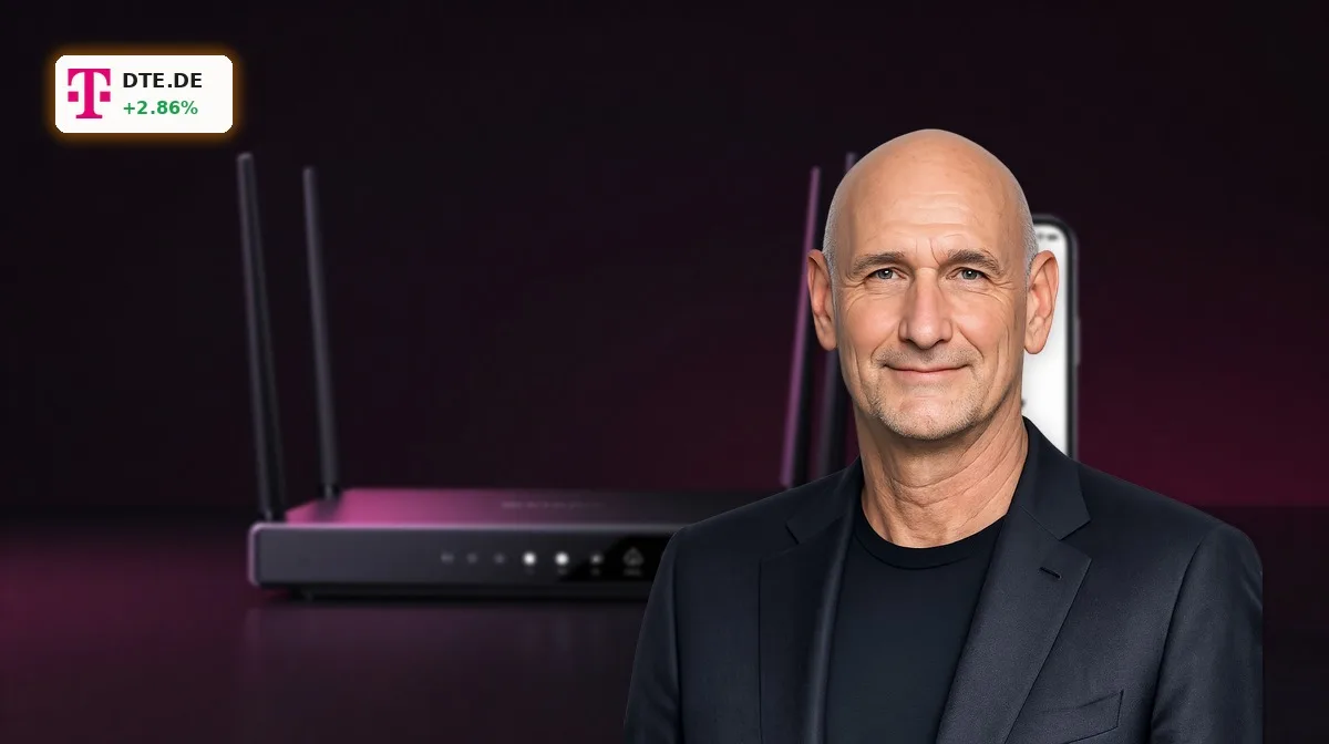 Deutsche Telekom Quartalszahlen mit Rekordumsatz und höherer Prognose, symbolisiert durch moderne 5G-Telekomgeräte