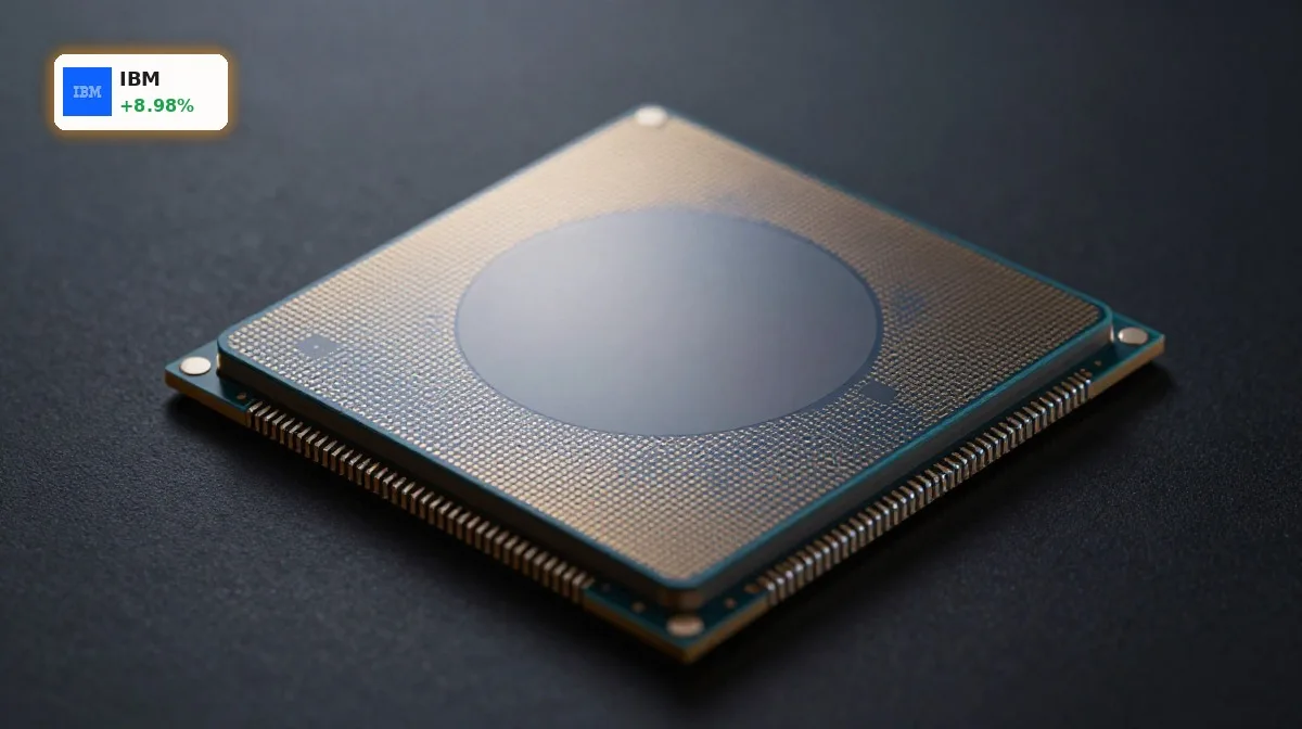 IBM Quantenförderung: +9% Rallye dank 1-Milliarde-Dollar-Boom 5 IBM Quantenfoerderung visualisiert durch hochwertigen Quantenchip auf 300mm-Wafer als Symbol fuer Anderon-Foundry