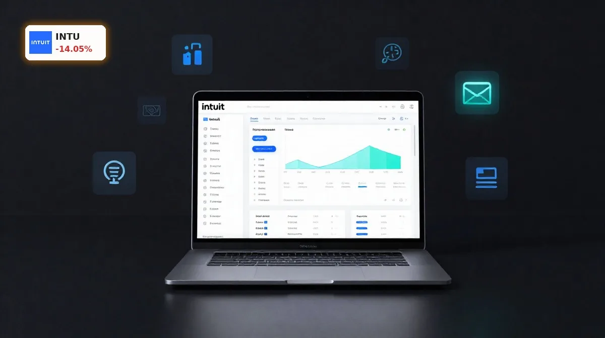 Intuit Stellenabbau 17%: KI-Umbau schickt Aktie nachbörslich -14% ins Minus 4 Intuit Stellenabbau und KI-Fokus visualisiert durch digitale Finanzsoftware in dunkler, dramatischer Produktinszenierung