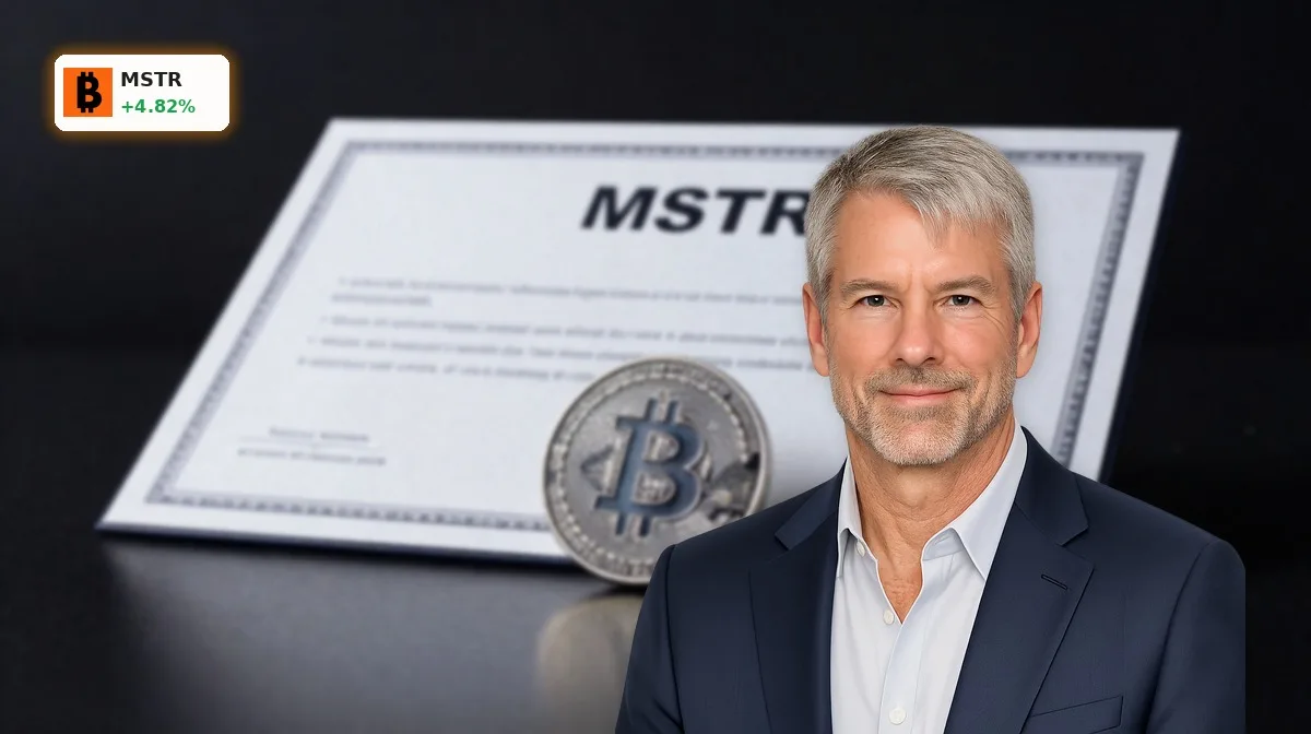 MicroStrategy Bitcoin Update mit MSTR-Aktie und großem BTC-Symbol im Fokus