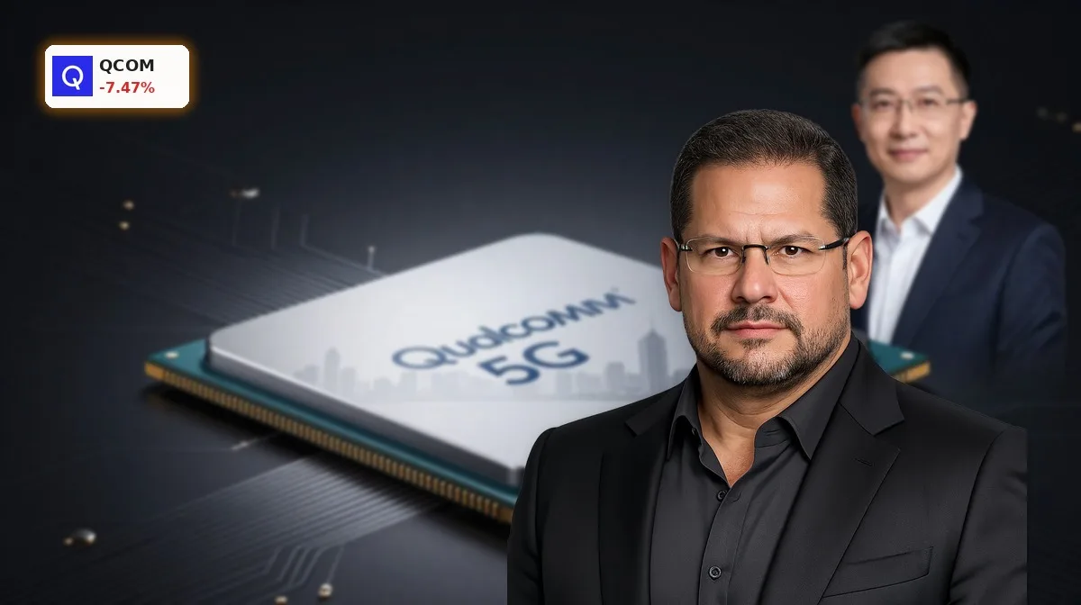 Qualcomm China-Reise als Fokus: Premium-5G- und KI-Chip vor China-Hintergrund, Symbol für Kursrutsch und neue Wachstumsstory