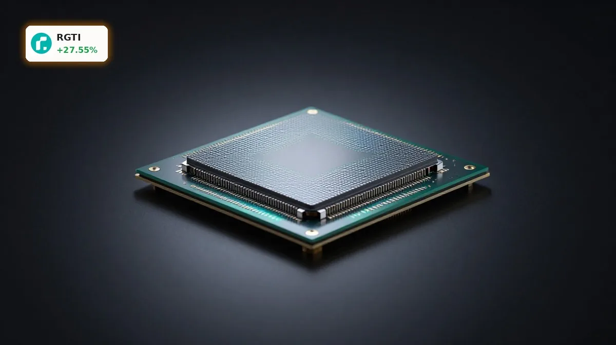 Rigetti Computing Förderdeal: +27,6% Rallye dank 100-Millionen-Chance 4 Rigetti Computing Foerderdeal visualisiert durch leuchtenden Quantenchip im Laborumfeld