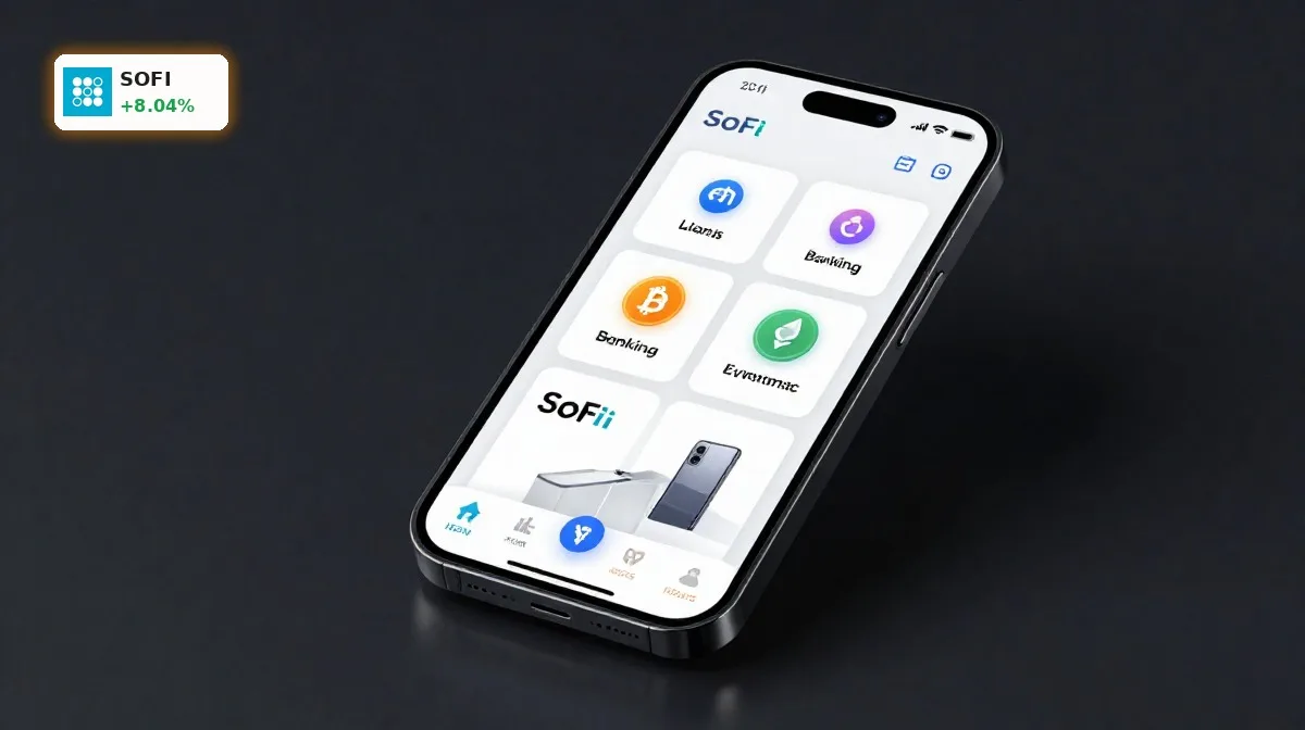 SoFi Quartal im Fokus: Smartphone mit SoFi Finanz-App zu Krediten, Banking, Brokerage und Krypto