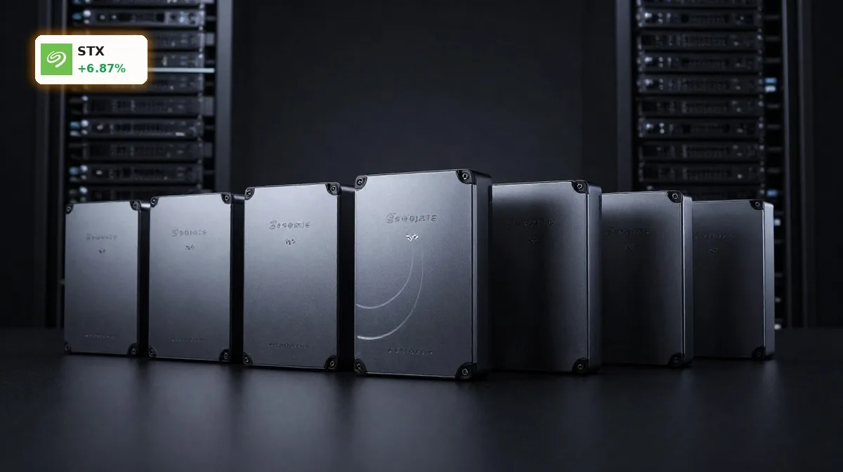 Premium Seagate Mozaic-4+-Festplatten im Rechenzentrum, Symbol für KI-Speicherboom und aktuelle Seagate Prognose