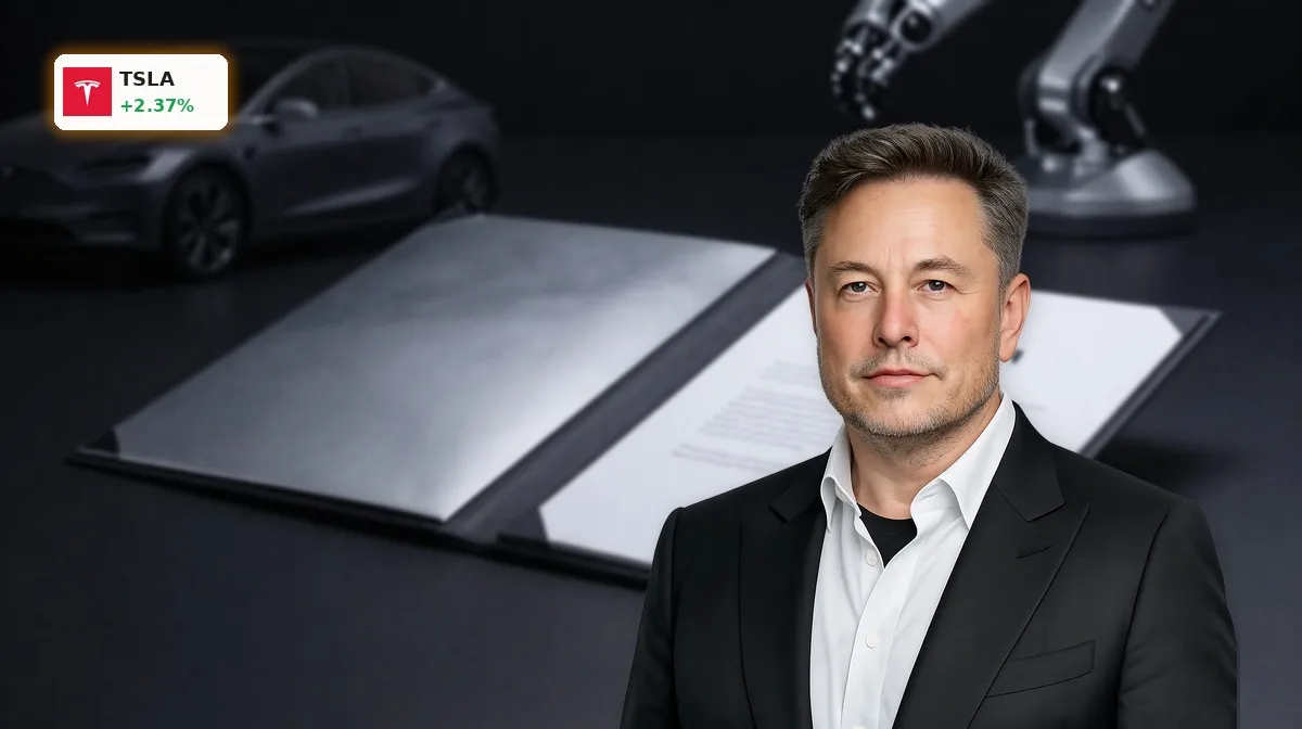 Tesla Verguetung von 158 Mrd Dollar symbolisiert durch Optionsvertrag und Aktie