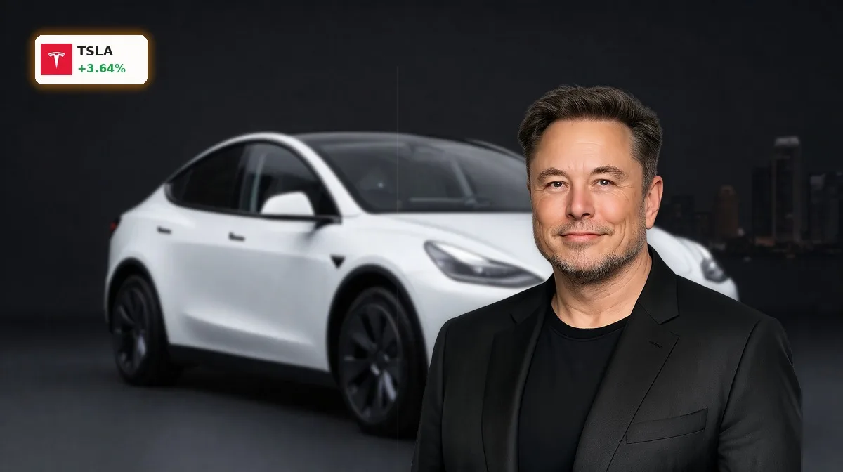 Tesla Robotaxi vor dunklem Hintergrund, Symbol für China-Boom, KI-Chips und Rallye-Potenzial der Tesla-Aktie