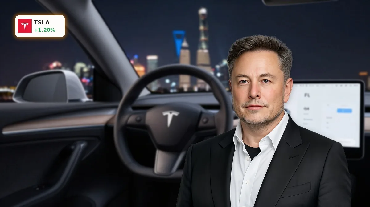 Tesla FSD China im Model 3 vor nächtlicher Shanghai-Skyline als Symbol für KI-Robotaxi-Chance