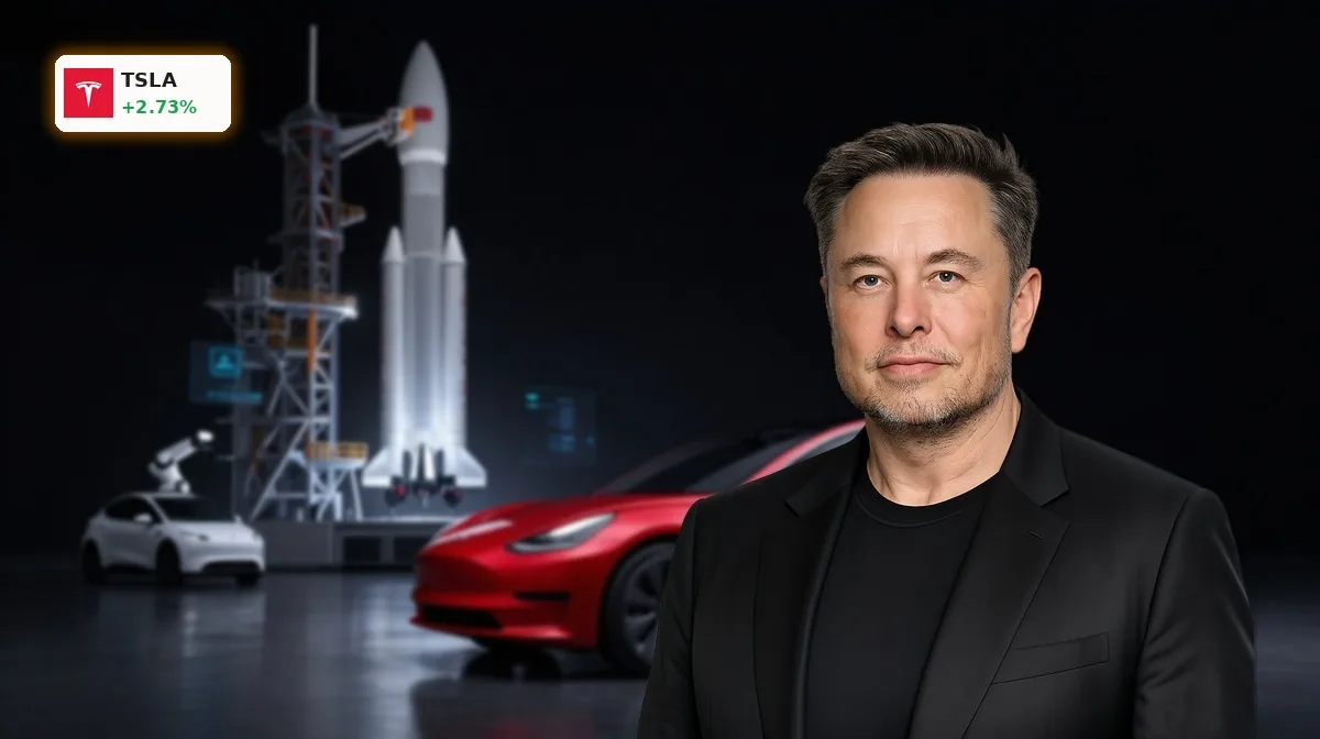 Tesla SpaceX IPO und +15,8% Umsatz: Chance oder Risiko für TSLA? 4 Tesla SpaceX IPO mit Tesla-Fahrzeug und SpaceX-Rakete als Symbol für Musks Technologie-Imperium