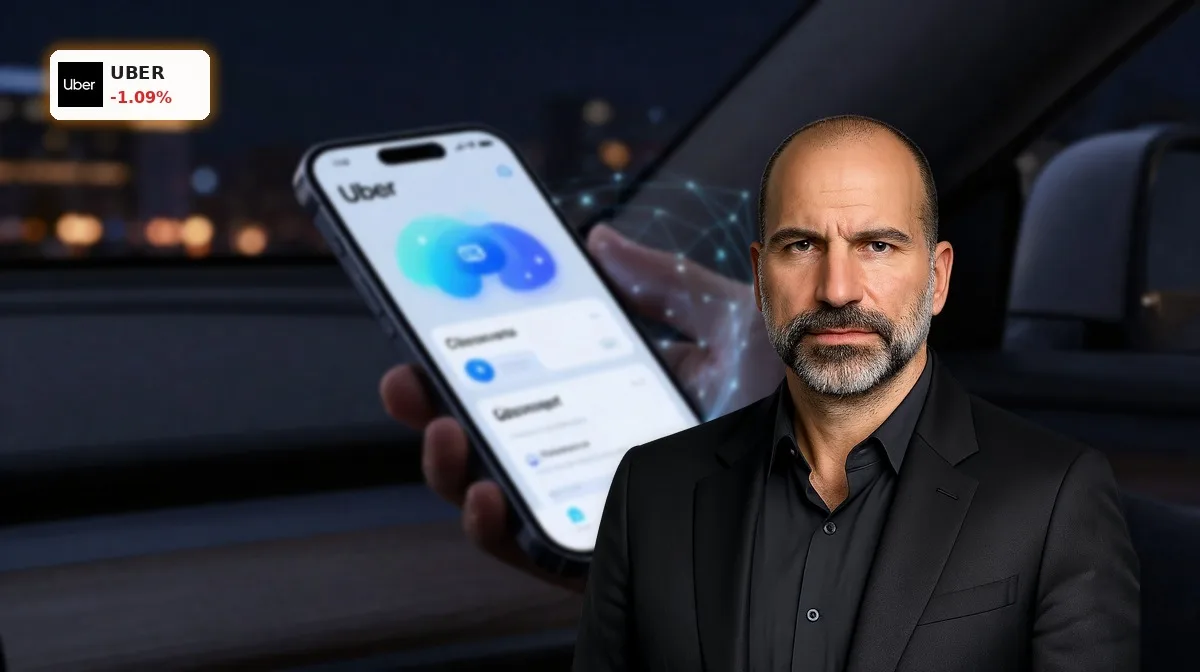 Uber KI-Ausgaben Boom: Budget-Schock und neue Fahrdienste 1 Uber KI-Ausgaben im Fokus: Smartphone mit Uber-App und dezentem KI-Daten-Overlay im Auto-Cockpit
