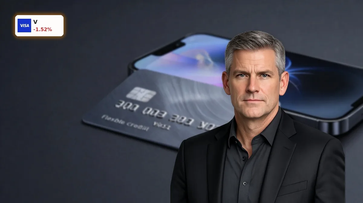 Visa Flexible Credential als moderne Karte mit Smartphone, Symbol für flexible Zahlungsoptionen und Visa-Strategie