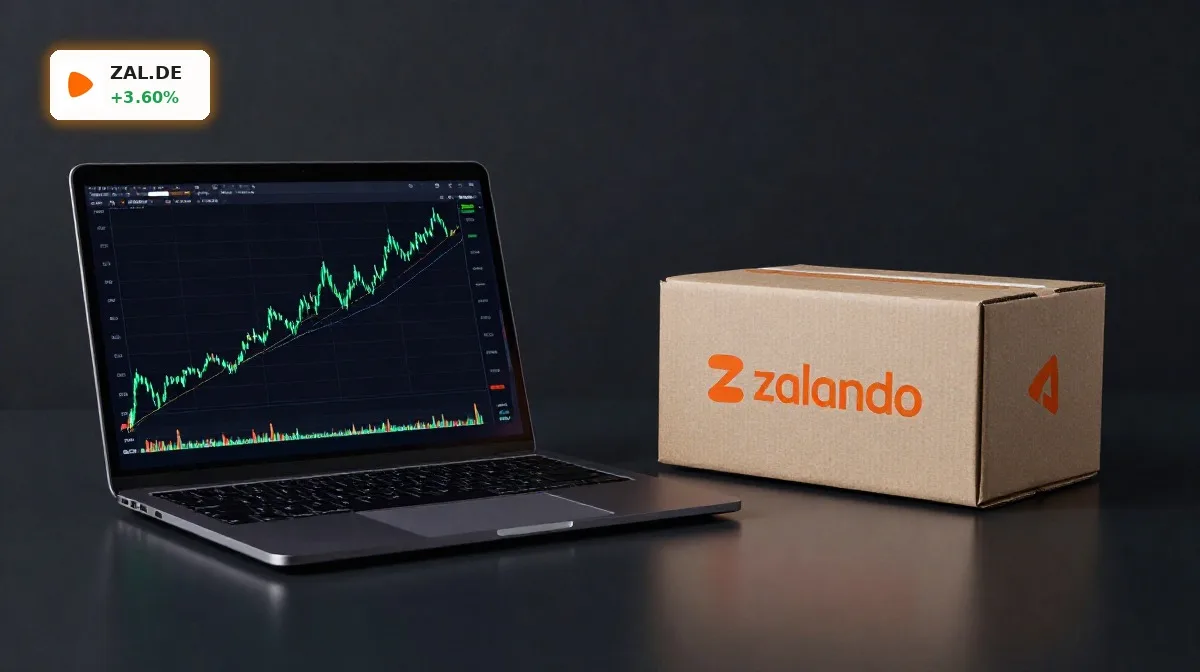 Zalando Sozialplan und Aktienkurs: Laptop mit Kursverlauf und Paket als Symbol für Konflikt und Rallye-Chance
