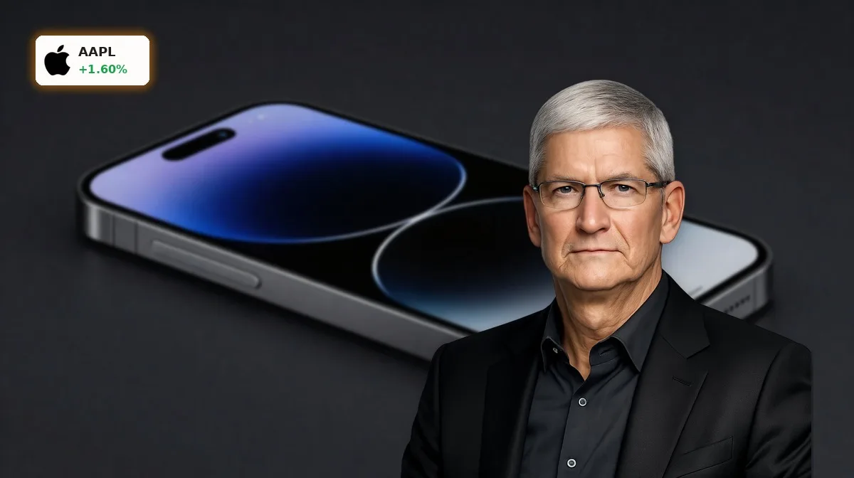 Apple KI-Strategie nach 1,5% Einbruch und Speicher-Warnung 5 Apple KI-Strategie mit iPhone im Fokus, On-Device-KI und hoher Speicherbedarf in dunkler Premium-Inszenierung