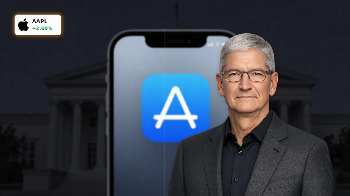 Apple App-Store-Streit: App-Store-Symbol auf iPhone vor dunklem Hintergrund mit angedeutetem Gerichtsgebäude
