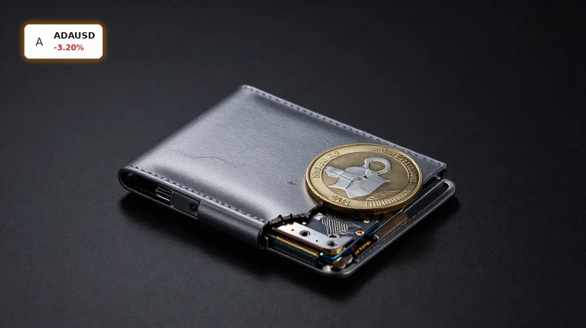 Cardano Wallet-Exploit: Schock trotz Leios-Testnet-Start 5 Cardano Wallet-Exploit bei ADA-Wallet mit beschädigtem Sicherheitsgerät auf dunklem Hintergrund