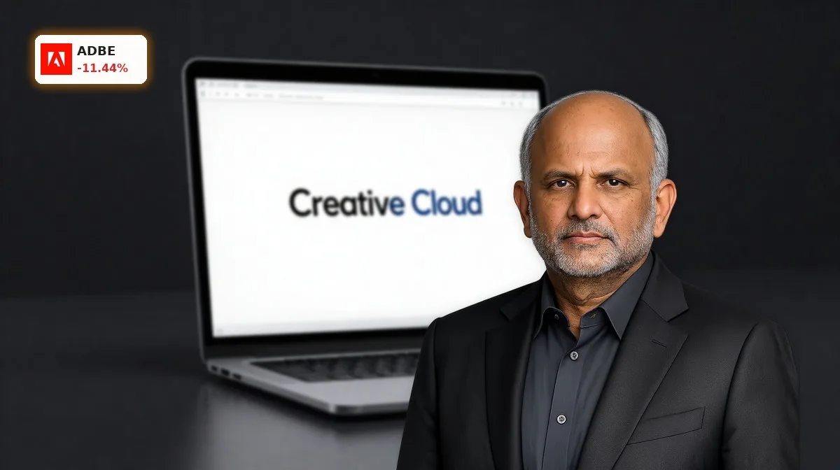 Adobe Quartalszahlen: 11% Crash trotz Rekordumsatz und Ausblick 5 Adobe Quartalszahlen: Adobe-Software auf Laptop in dunkler Studioinszenierung als Symbol fuer Rekordumsatz und Kurssturz