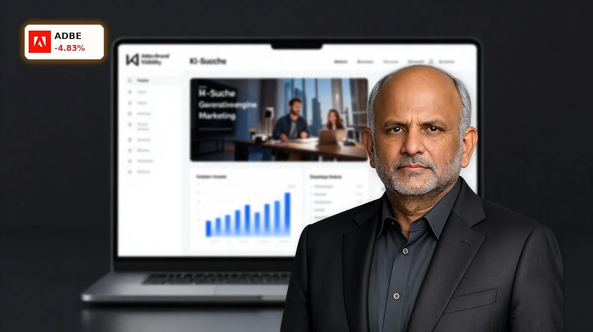 Adobe KI-Suche Crash: -4,8% trotz Rekordzahlen und GEO 3 Adobe KI-Suche als Brand-Visibility-Plattform auf Laptop in dunkler Premium-Inszenierung