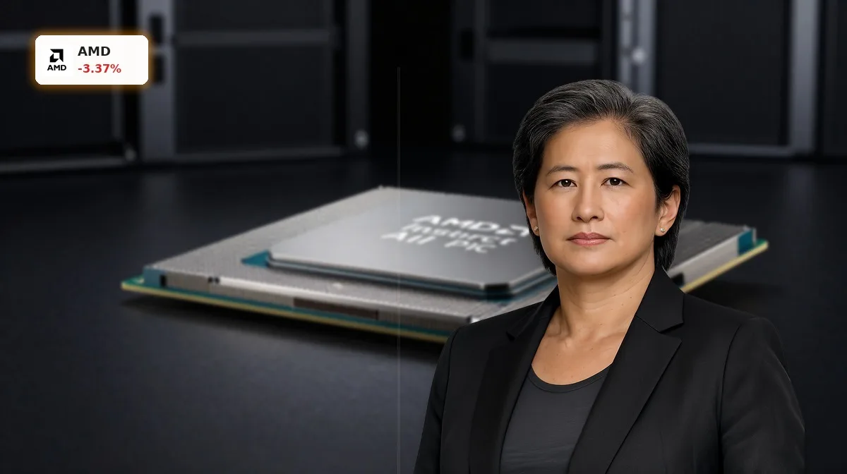 AMD KI-Nachfrage: AMD Instinct-Beschleuniger und EPYC-CPU vor dunklem Hintergrund als Symbol für Chipknappheit
