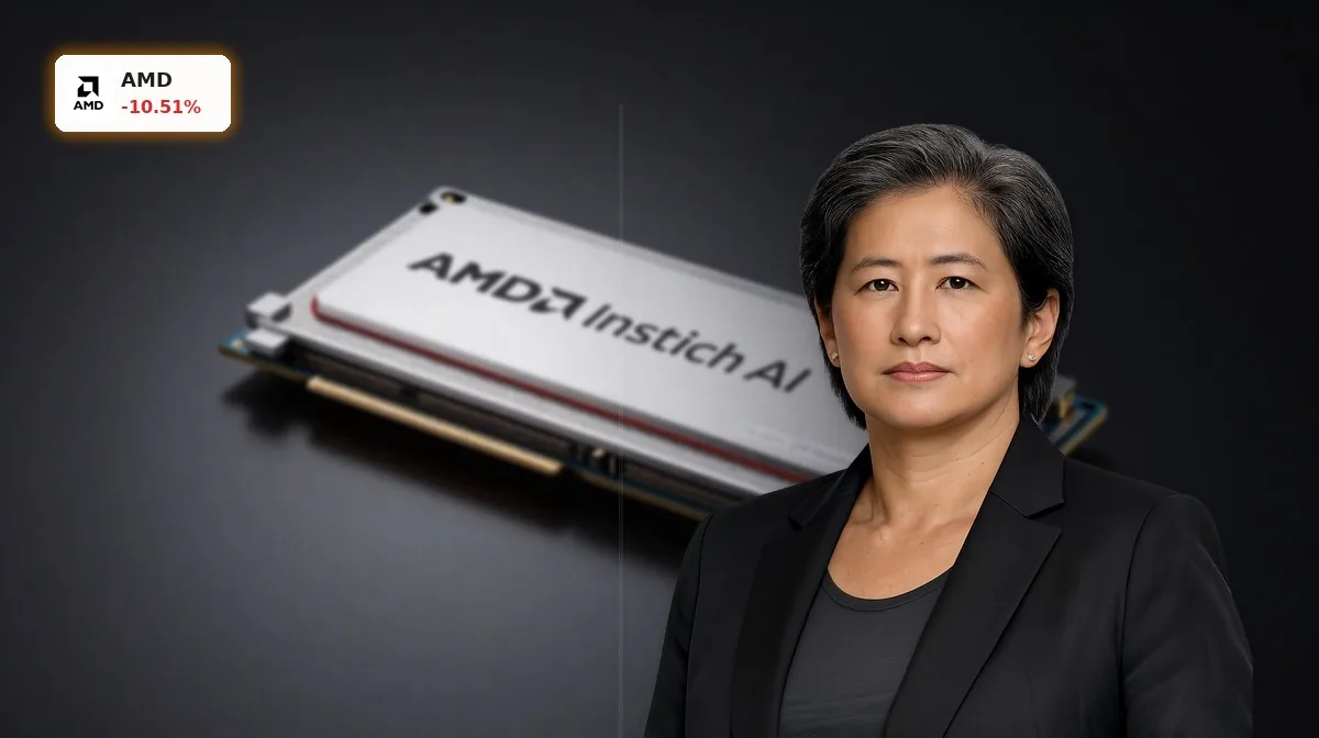 AMD KI-Korrektur bei Instinct-AI-Chip vor dunklem Studiohintergrund mit cineastischer Beleuchtung