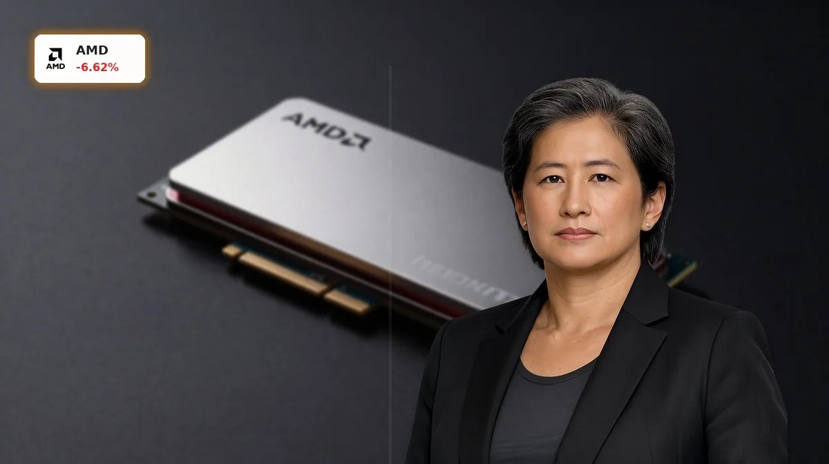AMD Prognose Crash nach Upgrade und KI-Boom 6 AMD Prognose: KI-Beschleuniger von AMD als Premium-Produktaufnahme vor dunklem Hintergrund