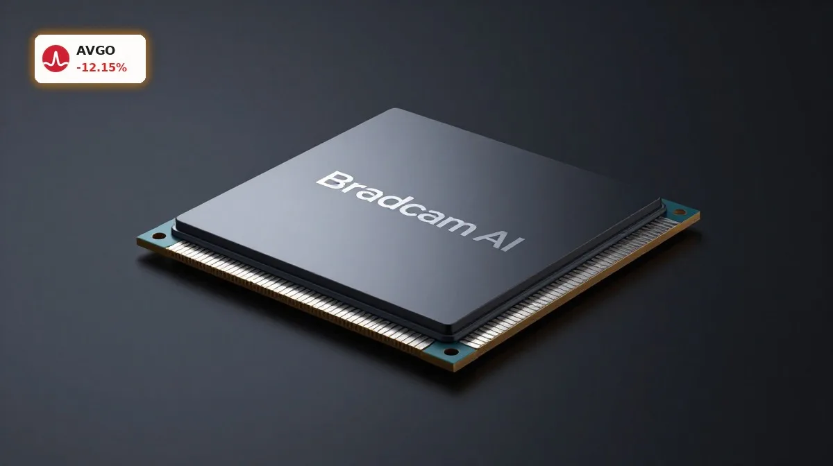 Broadcom Quartal: KI-Chip und Halbleiter im Premium-Studio als Symbol für Rekordzahlen und schwachen Ausblick