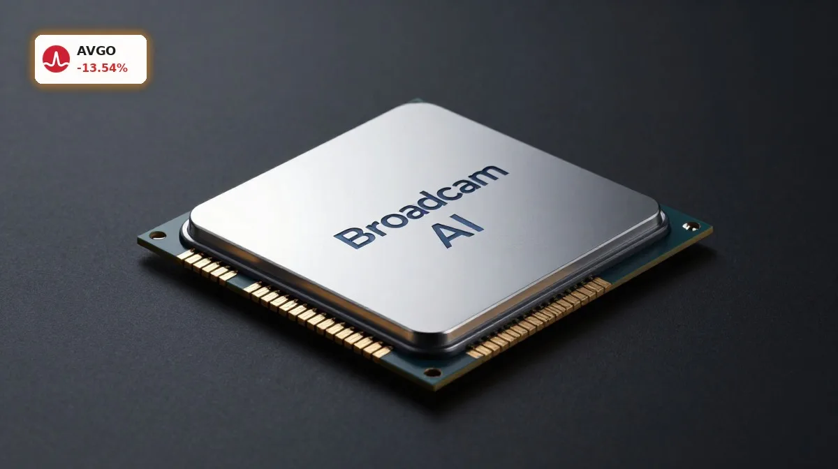 Broadcom Quartal mit KI-Chip im Produkt-Fokus vor dunklem Hintergrund, Symbol für Rekordzahlen und schwachen Ausblick