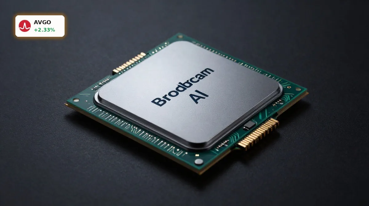Broadcom KI-Ausblick mit KI-Chip und Netzwerktechnik als Symbol für Rekordquartal und vorsichtige Prognose