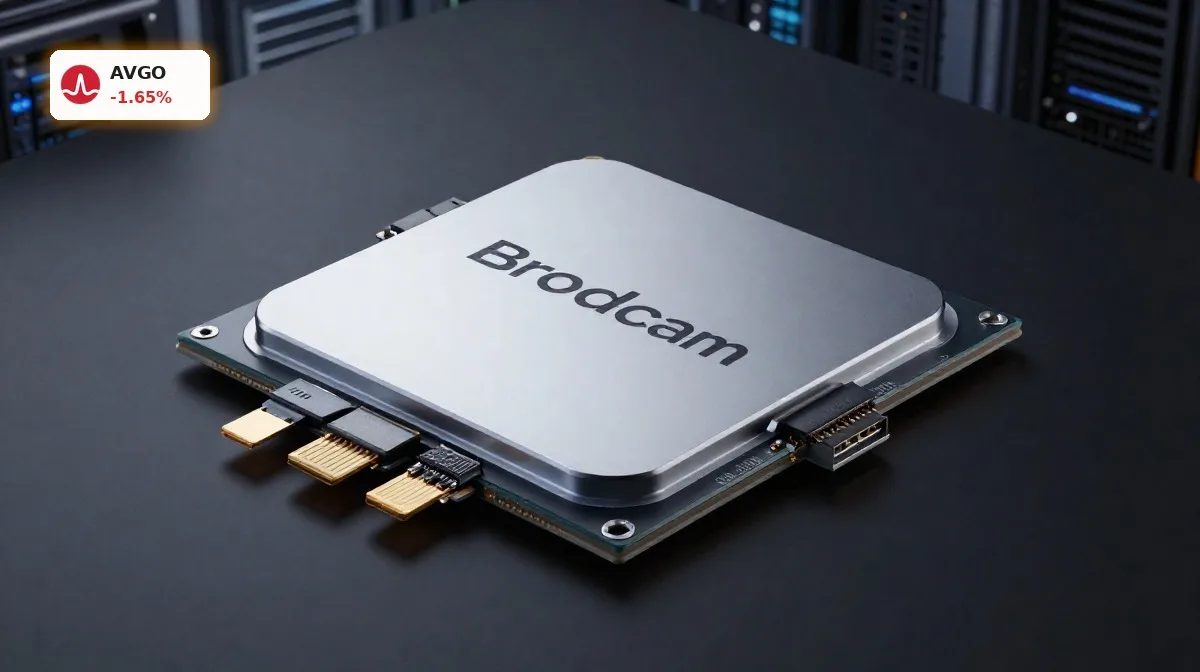 Broadcom KI-Infrastruktur -1.6%: Warnung nach Apollo-Offensive 3 Broadcom KI-Infrastruktur mit KI-Chip und Netzwerkhardware vor dunklem Rechenzentrums-Hintergrund