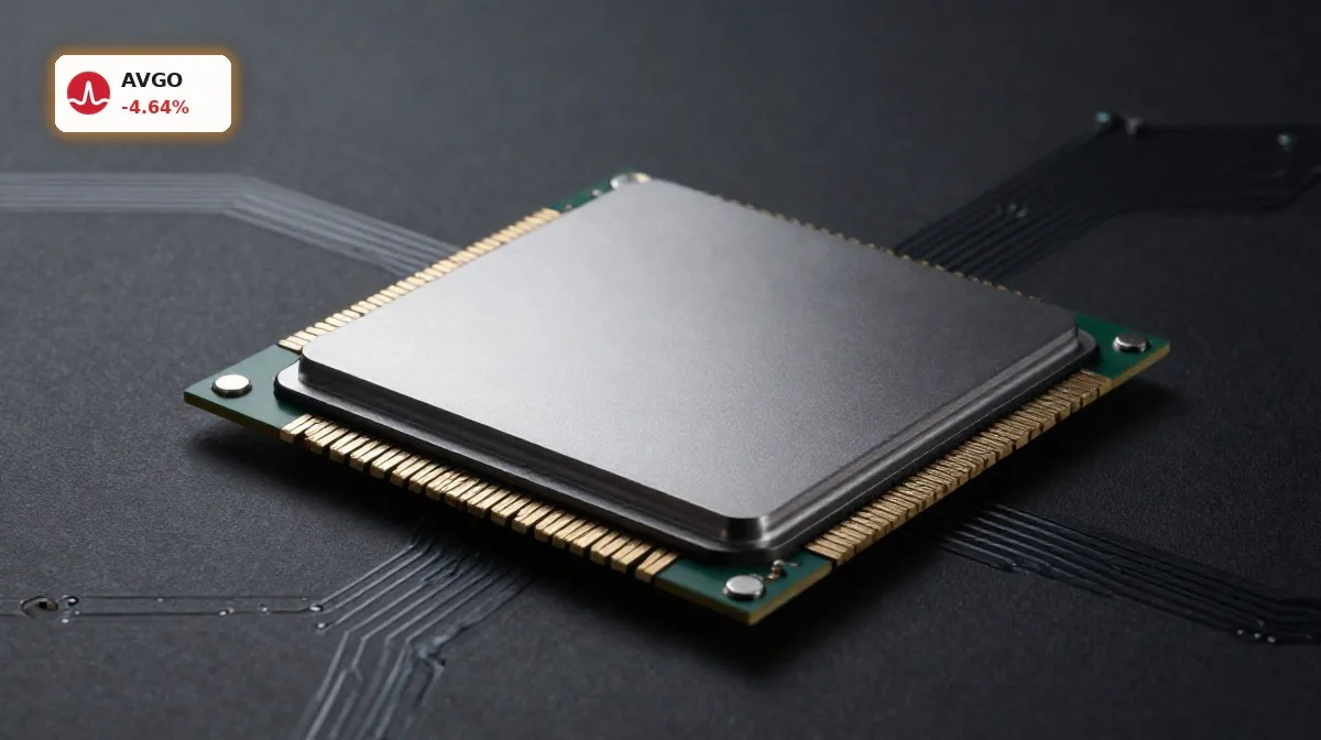 Broadcom Quartalszahlen: 4,6% Crash trotz starker KI-Zahlen 4 Broadcom Quartalszahlen mit KI-Halbleiterchip auf Leiterplatte vor dunklem Hintergrund