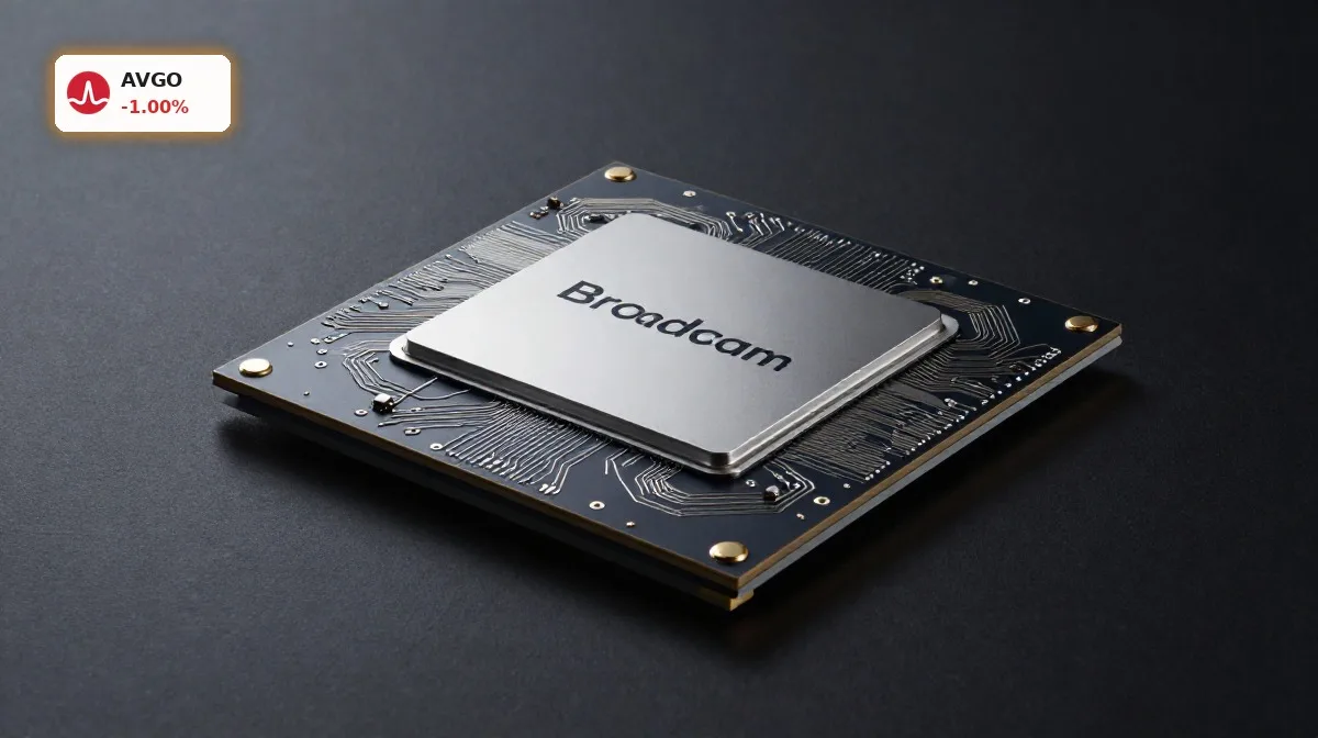 Broadcom Quartal: Warnung trotz Rekordzahlen und KI-Druck 1 Broadcom Quartal mit AI-Chip im Produkt-Fokus vor dunklem Hintergrund, Symbol für Rekordumsatz und schwache Prognose
