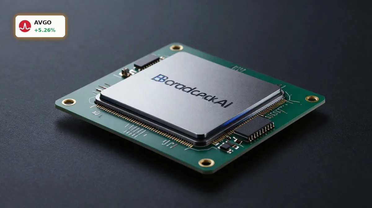 Broadcom KI-Prognose mit KI-Servermodul, Netzwerk-ASIC und XPU-Hardware im Premium-Produktstil