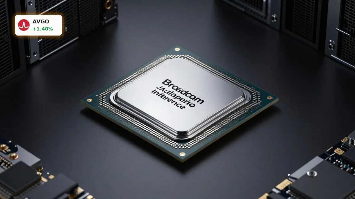 Broadcom KI-Chip Jalapeño als moderner ASIC für energieeffiziente KI-Inference auf dunklem Studiohintergrund