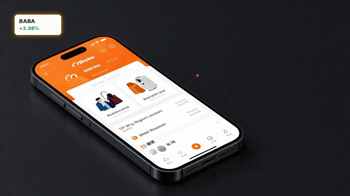 Alibaba Regulatorik: 2.7% Einbruch nach Peking-Rüge 3 Alibaba Regulatorik: Smartphone mit E-Commerce-App im dunklen Studio, symbolisch für Pekings Rüge gegen Rabattaktionen
