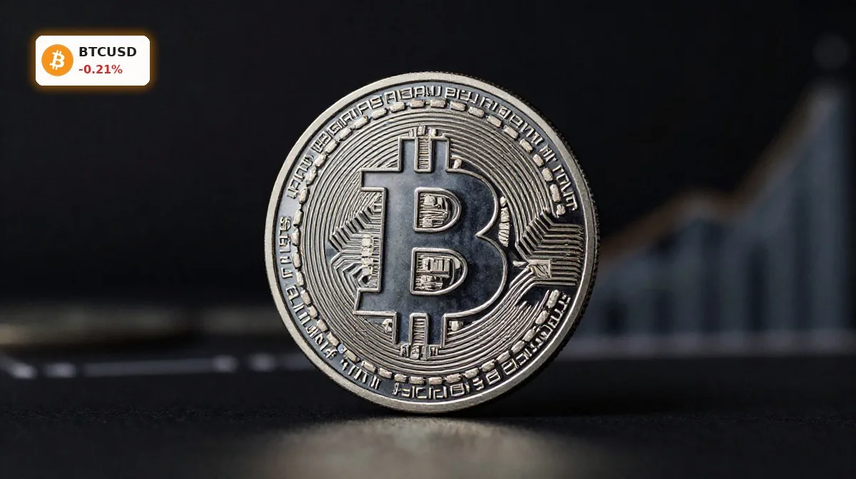Bitcoin Regulierung im Fokus mit physischer Bitcoin-Münze vor dunklem institutionellem Finanzhintergrund