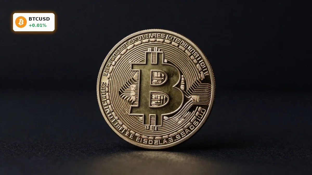 Bitcoin Kurssturz: Bitcoin-Münze auf dunklem Hintergrund als Symbol für Risiken trotz stabilem BTCUSD-Markt