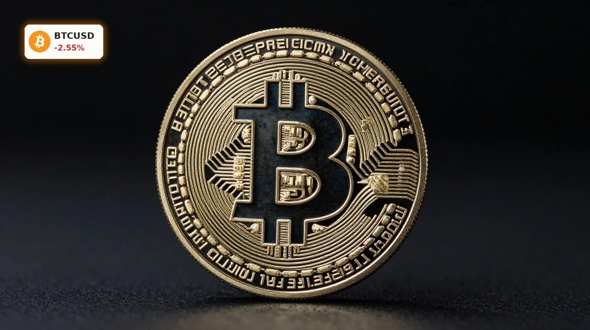 Bitcoin Marktanalyse mit Bitcoin-Münze im Fokus vor dunklem Hintergrund, Sinnbild für Volatilität und Regulierung
