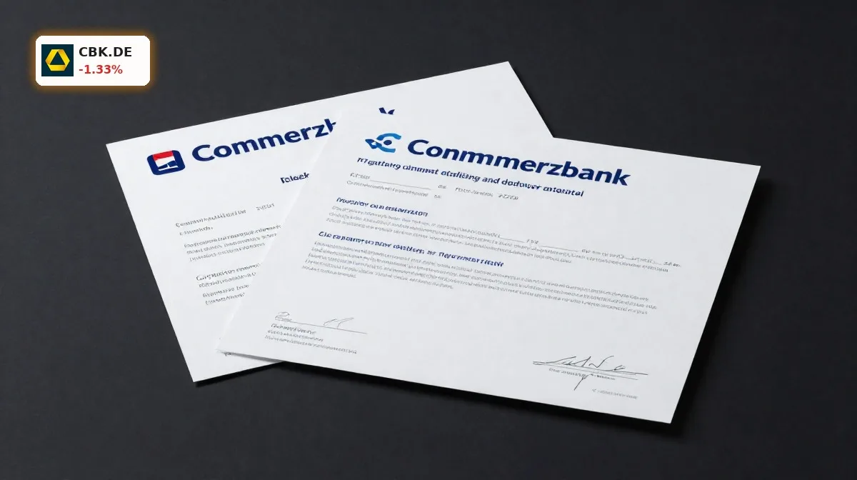 Commerzbank Übernahme: Warnung im Machtkampf mit UniCredit 4 Commerzbank Uebernahme mit Bankdokument und Aktienzertifikat im Fokus eines Machtkampfs