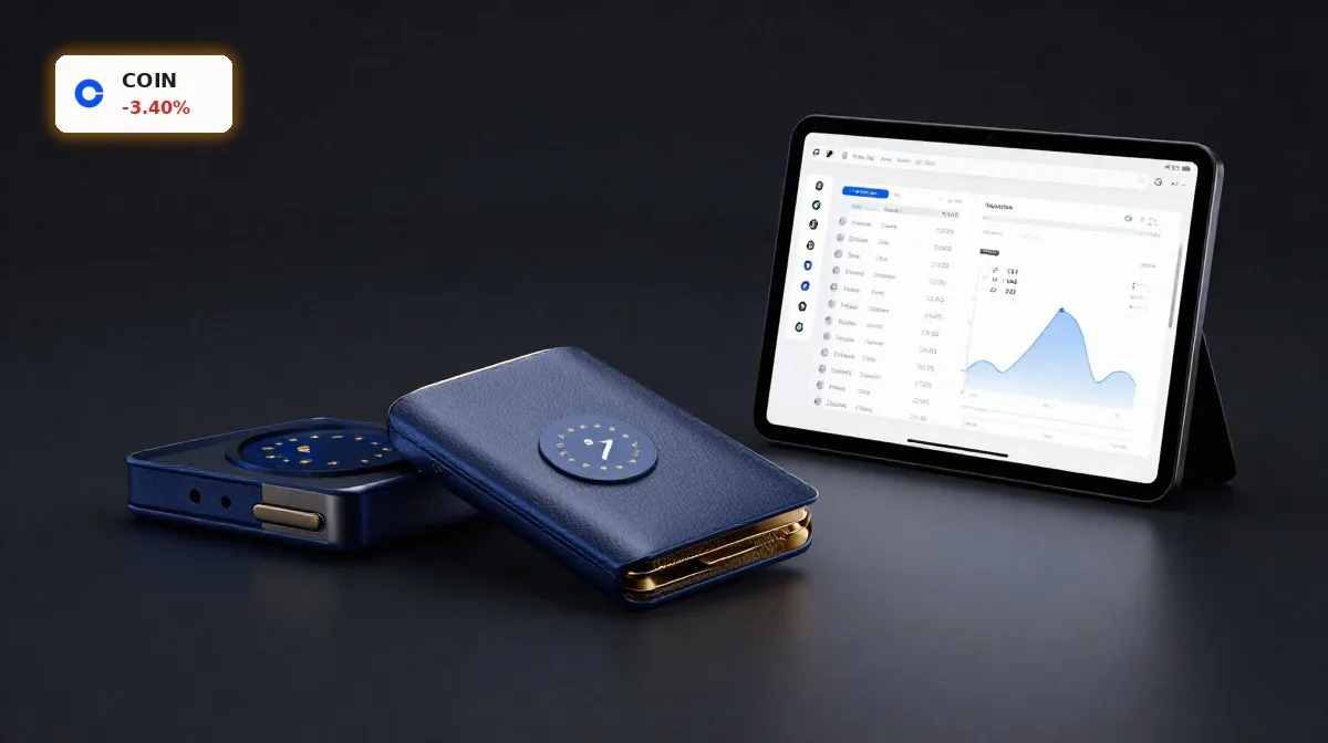 Coinbase MiCA mit Coinbase-Wallet und EU-inspirierten Akzenten auf dunklem Hintergrund