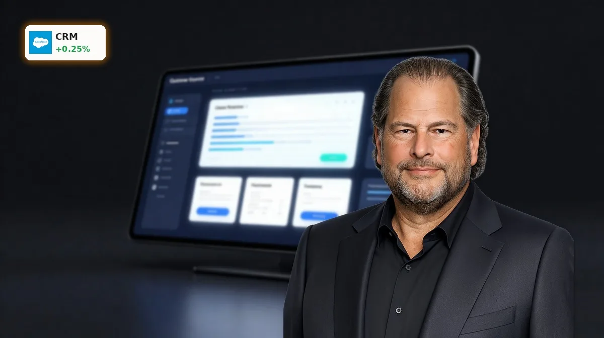 Salesforce Uebernahme und KI-Kundenservice-Plattform als Premium-Produktinszenierung im dunklen Studio